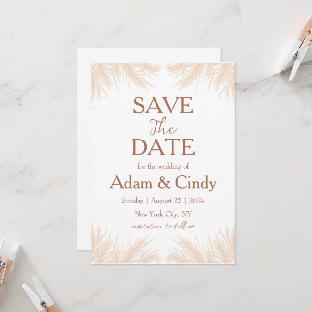 pampas grass boho save the dates invitation (Front/Back In Situ)