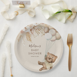 Pampas Grass Boho Teddy Bear Baby Shower Paper Pla Paper Plate