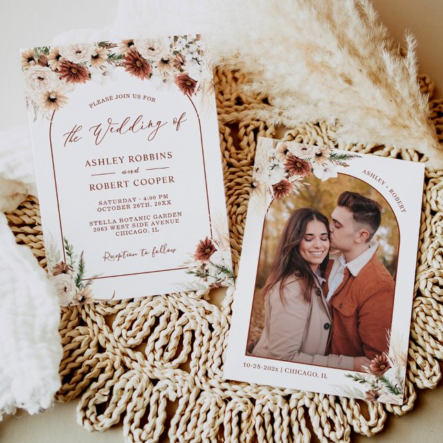 Pampas Grass Boho Terracotta Arch Photo Wedding Invitation (Creator Uploaded)