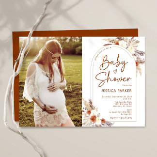 Pampas Grass Boho Terracotta Photo Baby Shower Invitation