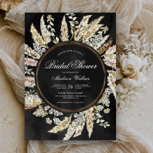 Pampas Grass Boho Wreath Black Bridal Shower Invitation