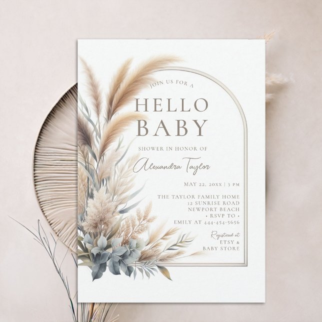 Pampas Grass Botanical Boho Neutral Baby Shower Invitation (pampas grass hello baby shower invitation gender neutral watercolor greenery botanical foliage boho )