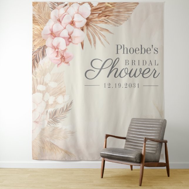 Pampas Grass Bridal Shower Floral Rustic Backdrop Tapestry (In Situ)