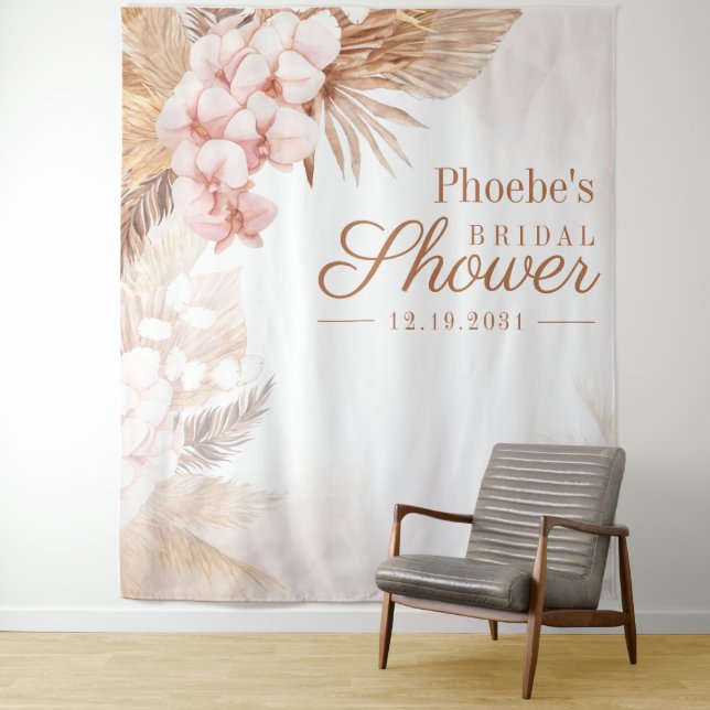 Pampas Grass Bridal Shower Photo Booth Backdrop Tapestry (In Situ)
