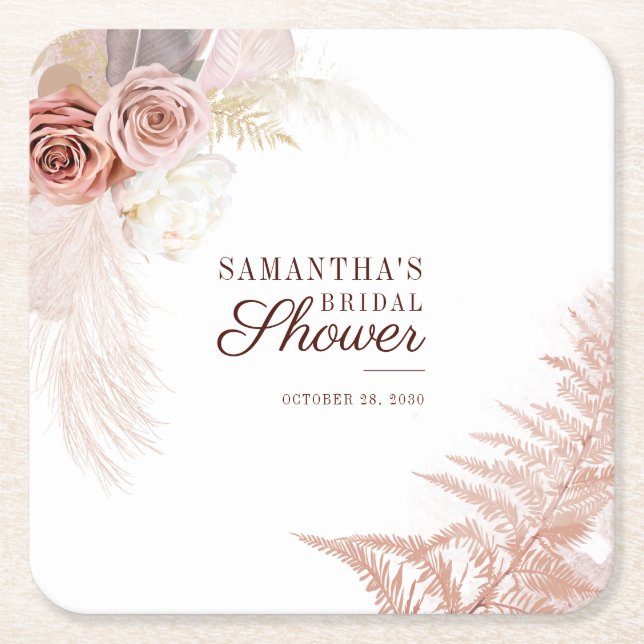 Pampas Grass Bridal Shower Terracotta Floral Square Paper Coaster (Front)