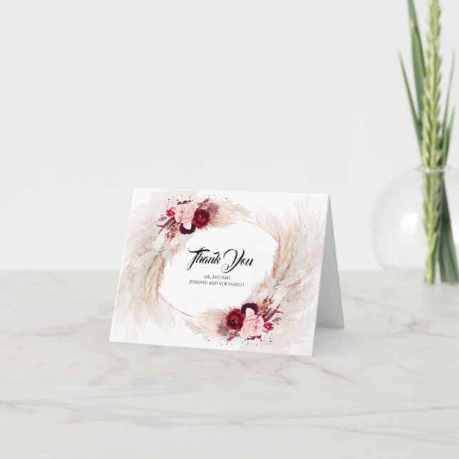 Pampas Grass Burgundy Floral Wedding Thank You Card (Front)