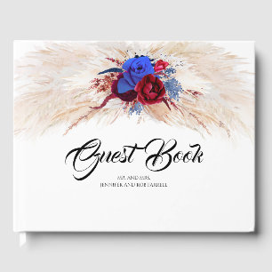 Pampas Grass Burgundy Red and Navy Blue Wedding Guest Book