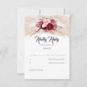 Pampas Grass Burgundy Red Chic Wedding RSVP Card