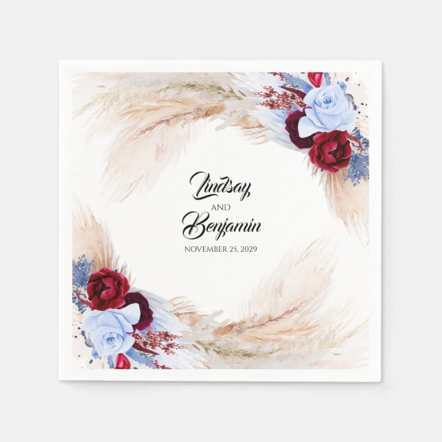 Pampas Grass Burgundy Red Dusty Blue Floral Napkin (Front)