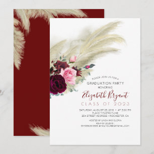 Pampas Grass Burgundy Red Floral Graduation Invitation