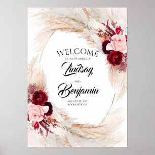 Pampas Grass Burgundy Red Wedding Welcome Sign