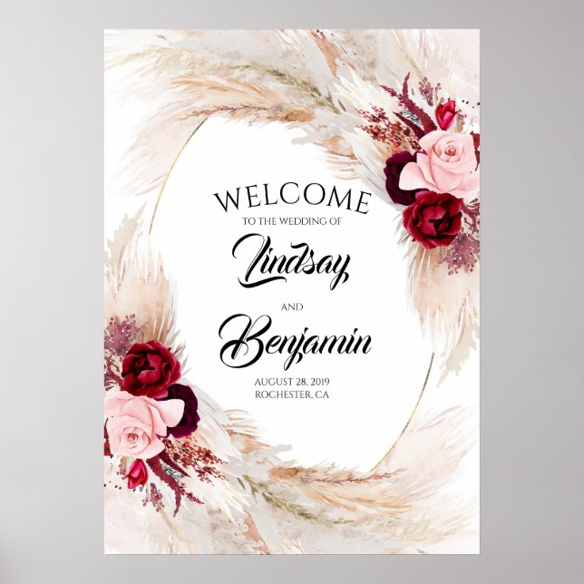 Pampas Grass Burgundy Red Wedding Welcome Sign (Front)