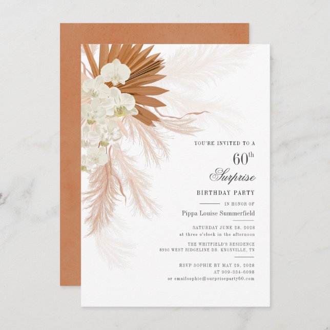Pampas Grass Burnt Orange 60th Birthday Party Invitation (Front/Back)