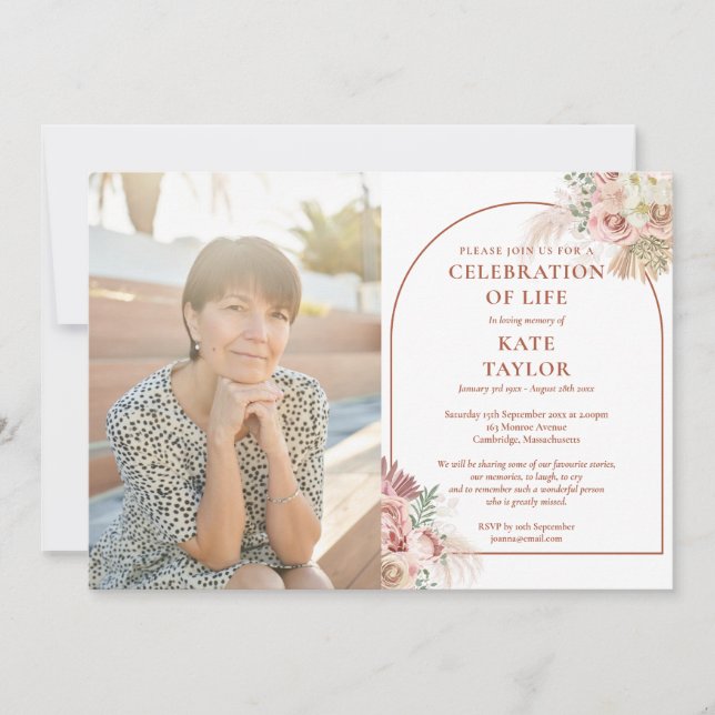 Pampas Grass Celebration of Life Funeral Photo Invitation (Front)