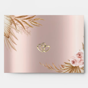 Pampas Grass Chic Gold Hearts Rose Gold Wedding Envelope