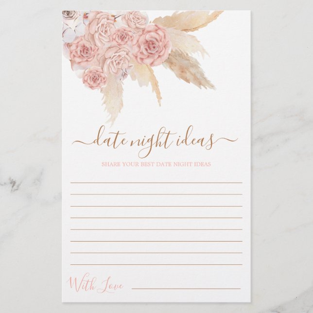 Pampas Grass Date Night ideas bridal shower card (Front)
