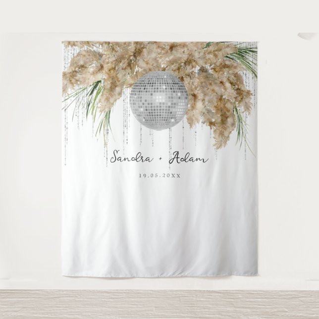 Pampas Grass Disco Ball Wedding Photo Backdrop Tapestry (Front)