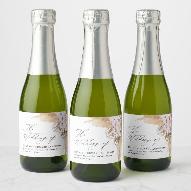 Pampas grass dried botanical boho wedding favour sparkling wine label (Bottles)