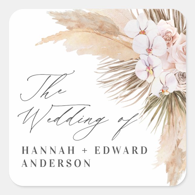 Pampas grass dried botanical script boho wedding square sticker (Front)