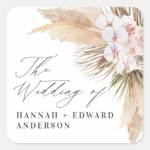 Pampas grass dried botanical script boho wedding square sticker