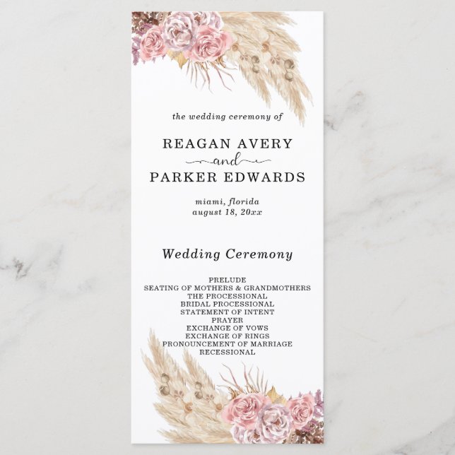 Pampas Grass Dried Floral Rose Purple Wedding Program (Front)