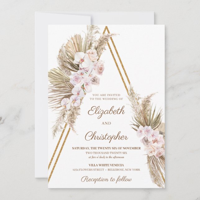 Pampas Grass Dried Palm Dusty Rose Orchid Wedding Invitation (Front)