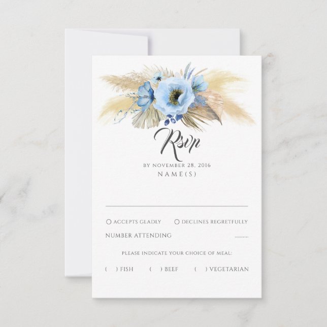 Pampas Grass Dusty Blue Floral Wedding RSVP (Front)