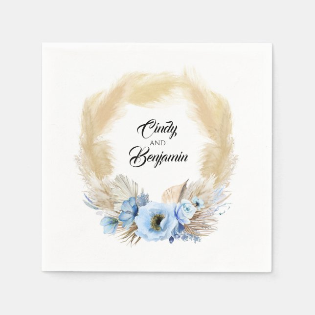 Pampas Grass Dusty Blue Floral Wreath Wedding Napkin (Front)