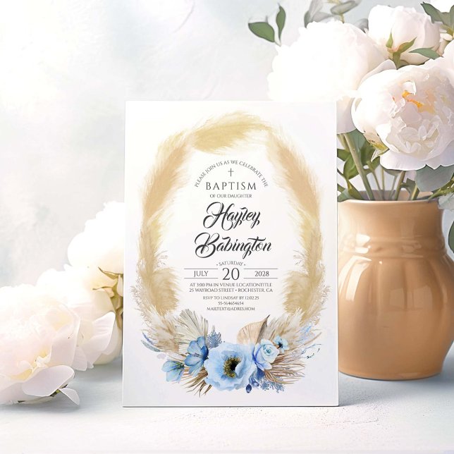 Pampas Grass Dusty Blue Flowers Baptism Invitation (Dusty Blue Baptism Invitations)