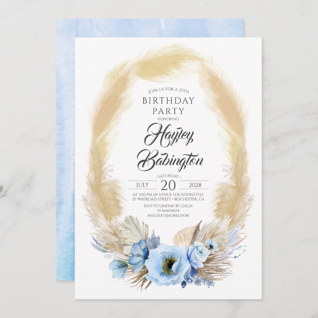 Pampas Grass Dusty Blue Flowers Birthday Party Invitation (Front/Back)