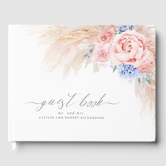 Pampas Grass Dusty Blue Pink Wedding Guest Book (Front)