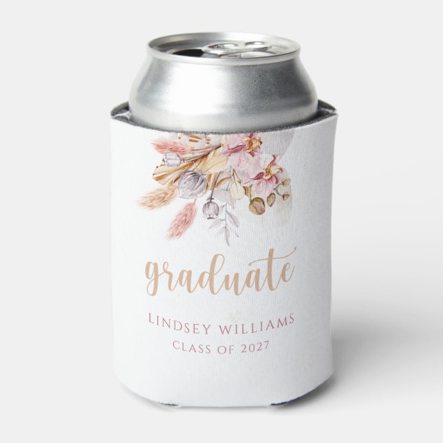 Pampas Grass Dusty Pink Boho Floral Graduation Can Cooler (Can Front)
