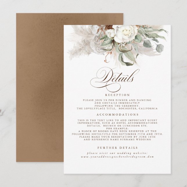 Pampas Grass Earth Shades Floral Wedding Details Enclosure Card (Front/Back)