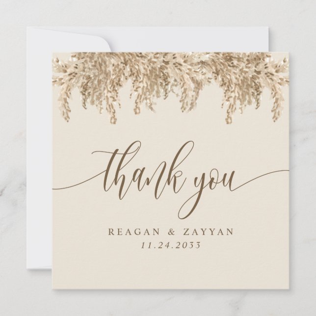 Pampas Grass Earthy Boho Wedding Thank You Card (Front)