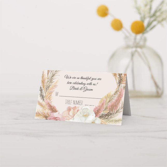 Pampas Grass Earthy Floral Boho Tent Place Cards (Front)