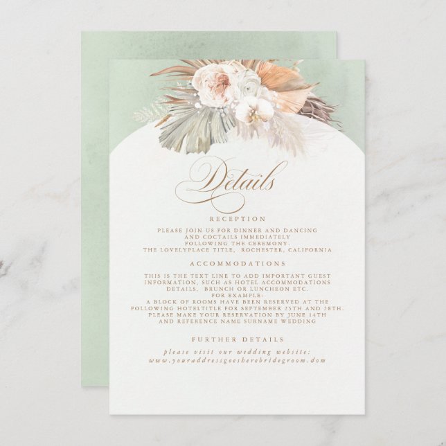 Pampas Grass Elegant Soft Pastel Wedding Details Enclosure Card (Front/Back)