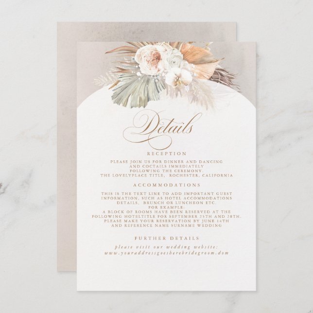 Pampas Grass Elegant Soft Pastel Wedding Details Enclosure Card (Front/Back)