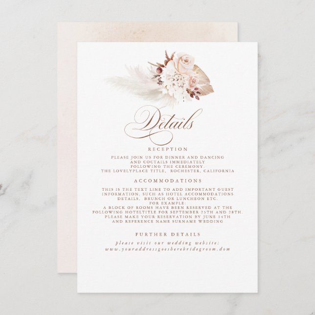 Pampas Grass Elegant Soft Pastel Wedding Details Enclosure Card (Front/Back)