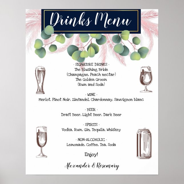 Pampas Grass & Eucalyptus Drinks Menu Wedding Sign (Front)