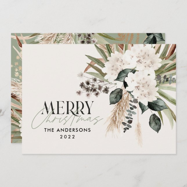 Pampas grass eucalyptus moody modern boho elegant  holiday card (Front/Back)