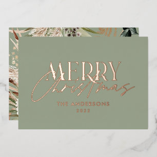Pampas grass eucalyptus moody modern sage green foil holiday card