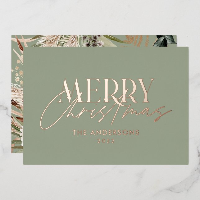 Pampas grass eucalyptus moody modern sage green foil holiday card (Front/Back)