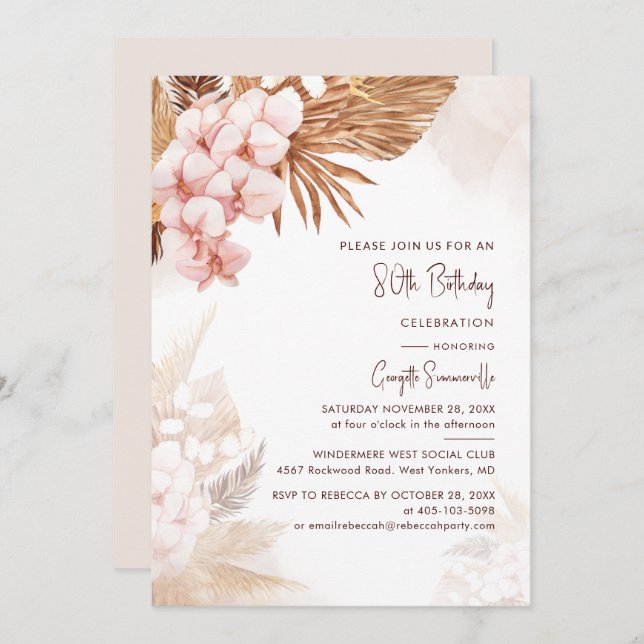 Pampas Grass Floral 80th Birthday Party Invitation (Front/Back)