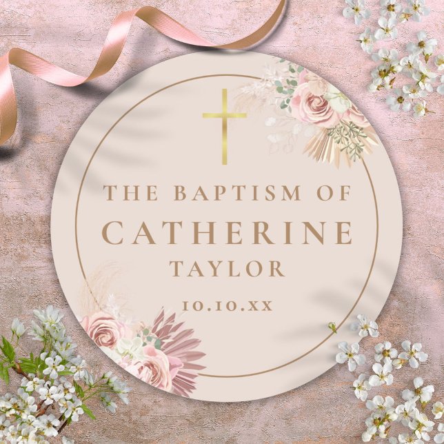Pampas Grass Floral Baptism Christening Favour Classic Round Sticker (Pampas Grass Floral Baptism Christening Favor Classic Round Sticker)