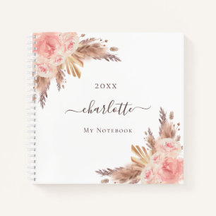 Pampas grass floral blush rose gold name notebook