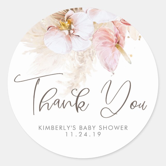 Pampas Grass Floral Boho Baby Shower Thank You Classic Round Sticker (Front)