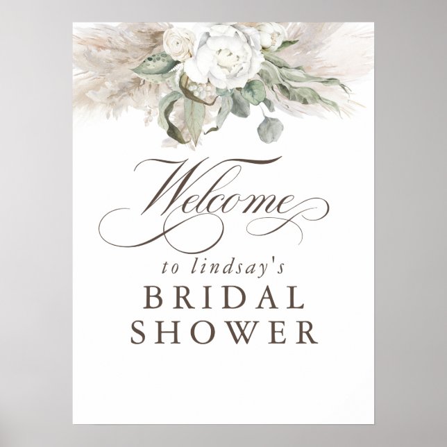 Pampas Grass Floral Boho Bridal Shower Welcome Poster (Front)