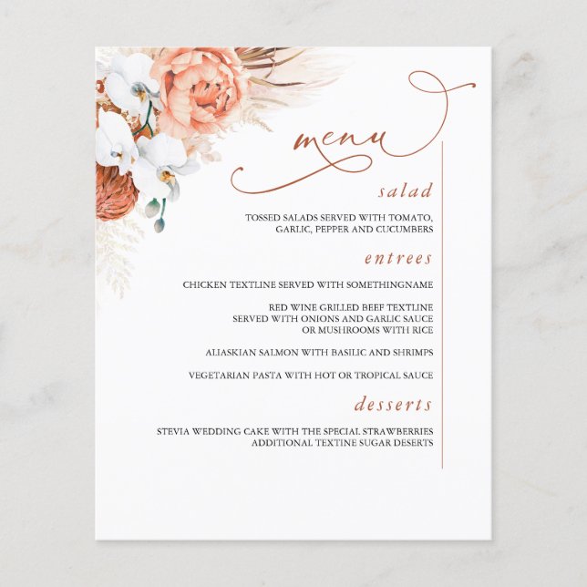 Pampas Grass Floral Botanical Terracotta Menu (Front)