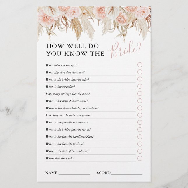 Pampas Grass Floral Bridal Shower Game (Front)
