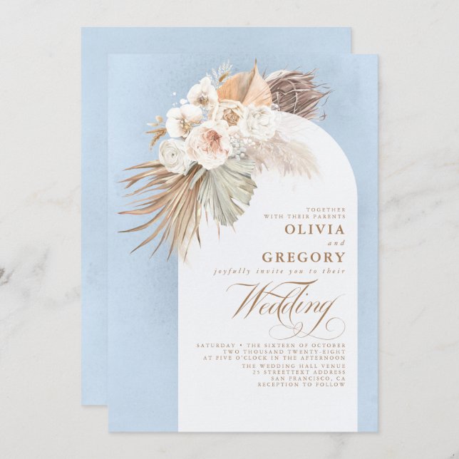 Pampas Grass Floral Elegant Dusty Blue Wedding Invitation (Front/Back)